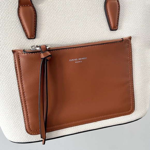 David Jones Paris Vegan Leather Braided Strap Cream and Brown Tote Shoulder Bag - Picture 4 of 5